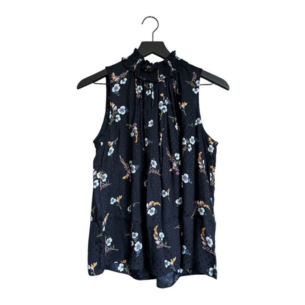 REBECCA TAYLOR Navy Silk Polka Dot Floral Sleeveless Blouse